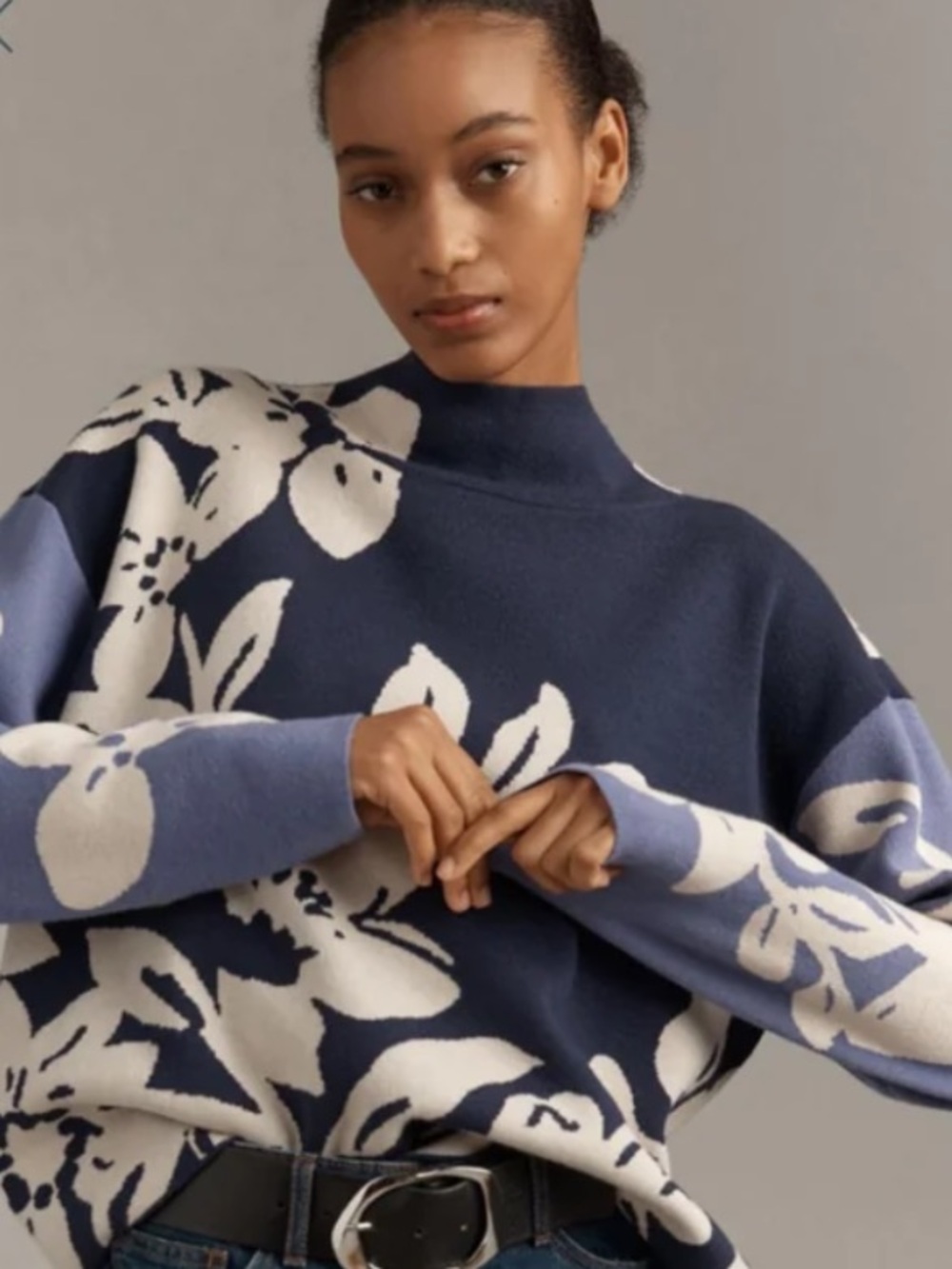 ANTHROPOLOGIE Maeve Navy and Ivory Floral Mock-Neck Sweater